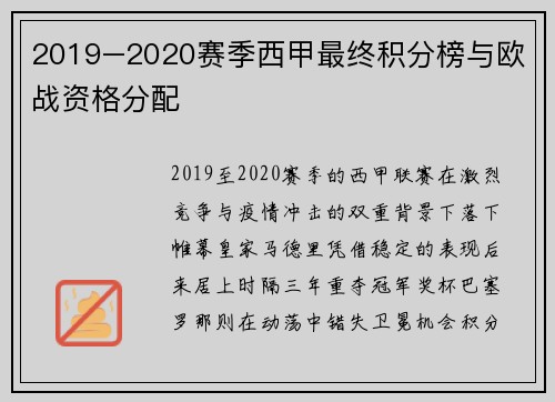 2019–2020赛季西甲最终积分榜与欧战资格分配